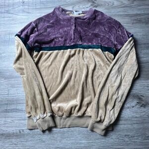Landmark Pullover Mens XL Tan Purple Teal Colorblock Vintage Velour Henley Shirt